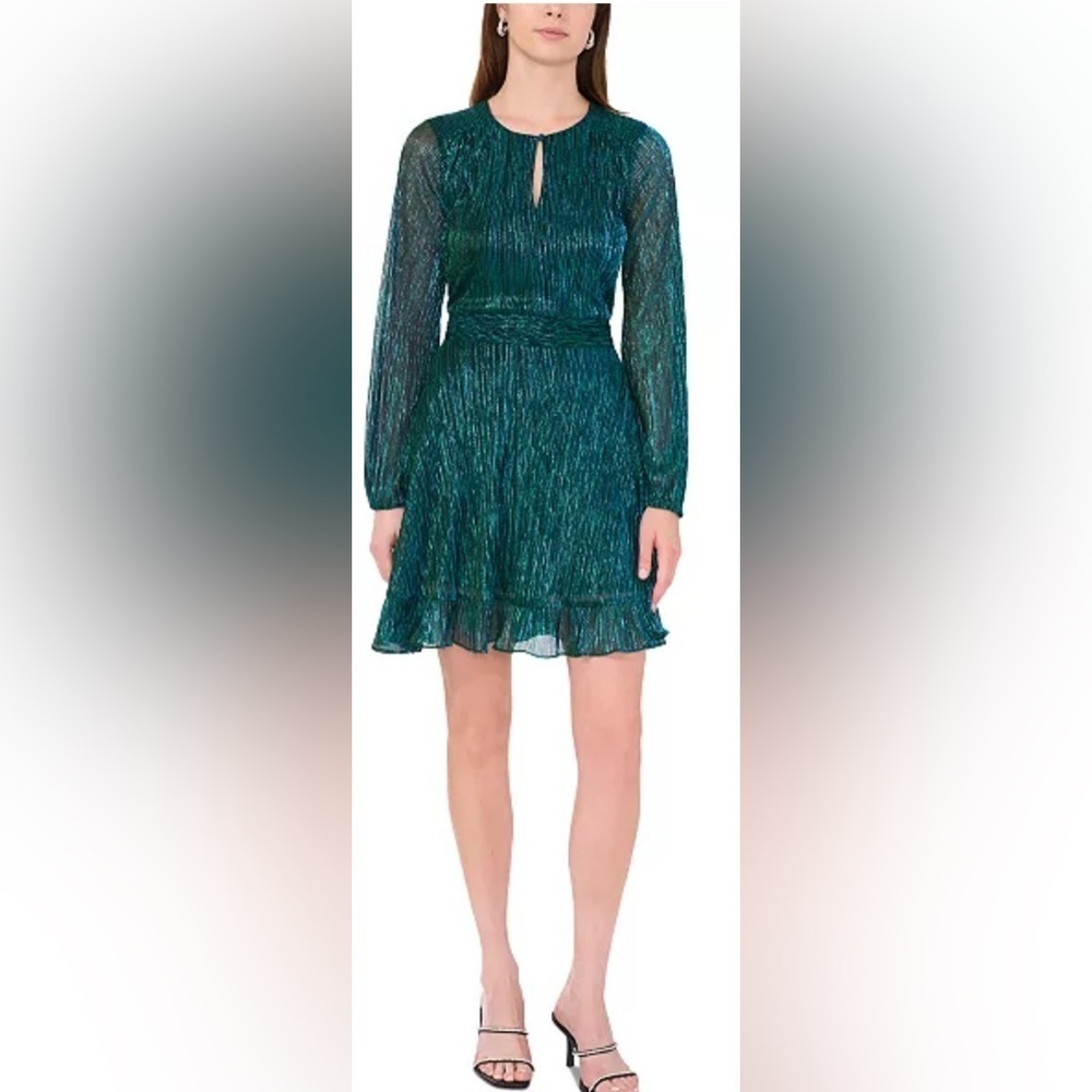 MSK Petite Plisse Keyhole-Neck Metallic-Sheen Day Cocktail Dress